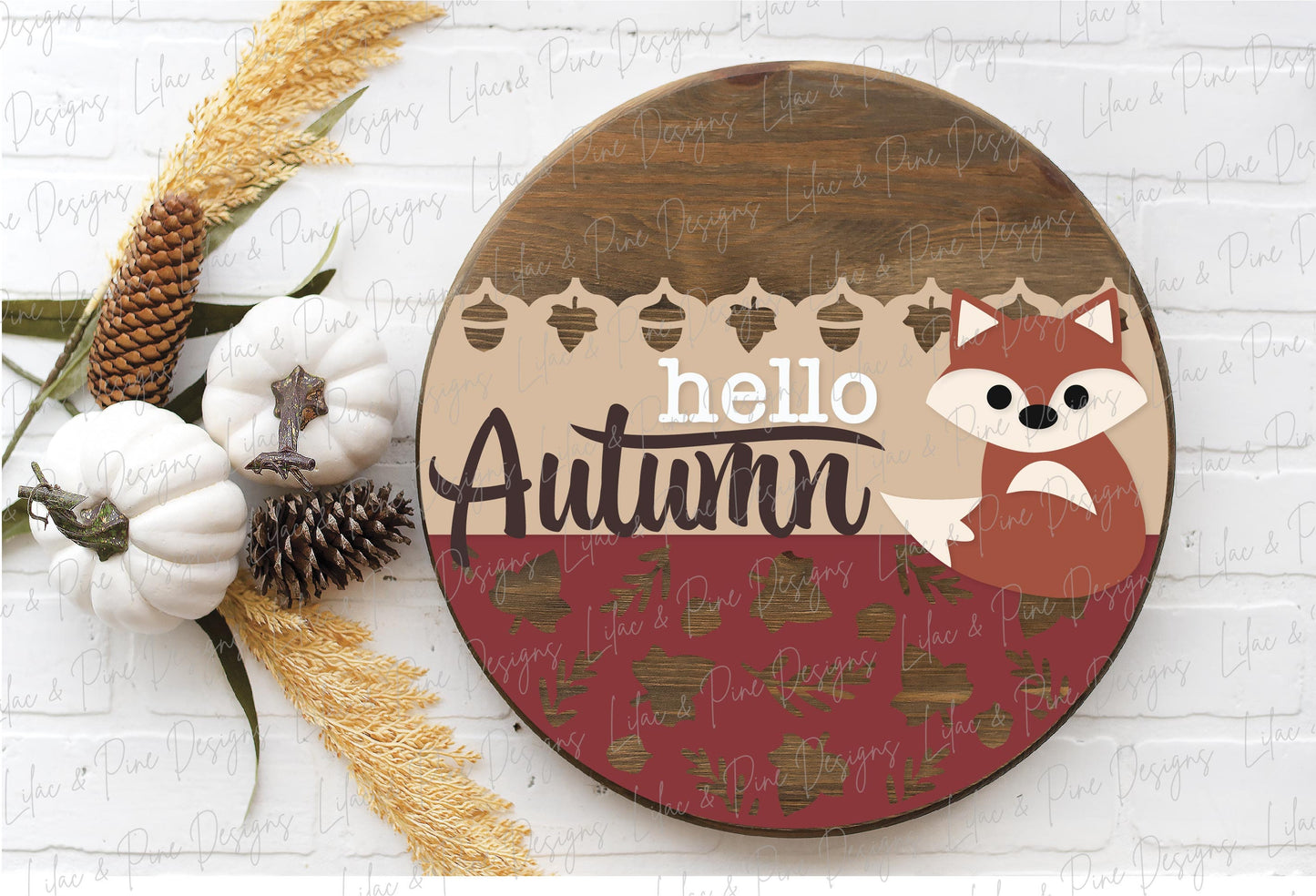 Hello Autumn door hanger SVG, Fall welcome sign SVG, Woodland fox door hanger, Fall porch decor, Fall round wood sign, Glowforge laser SVG
