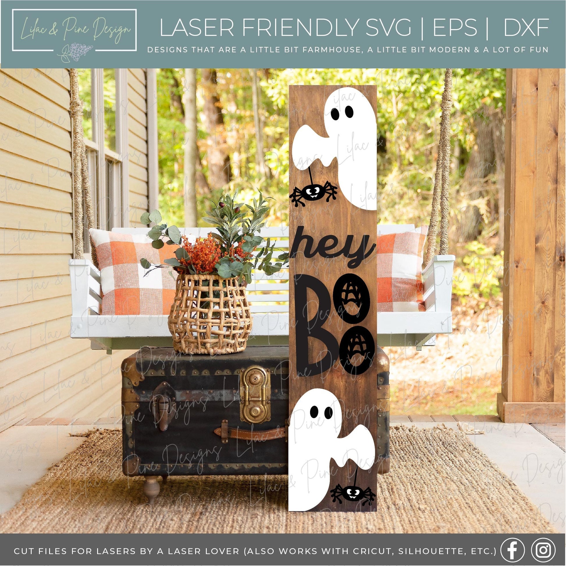 Halloween porch sign SVG, Hey Boo porch sign SVG, Boo welcome SVG, Ghost welcome sign, Spider svg, vertical sign svg, Glowforge laser Svg