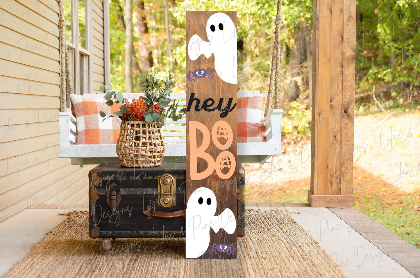Halloween porch sign SVG, Hey Boo porch sign SVG, Boo welcome SVG, Ghost welcome sign, Spider svg, vertical sign svg, Glowforge laser Svg