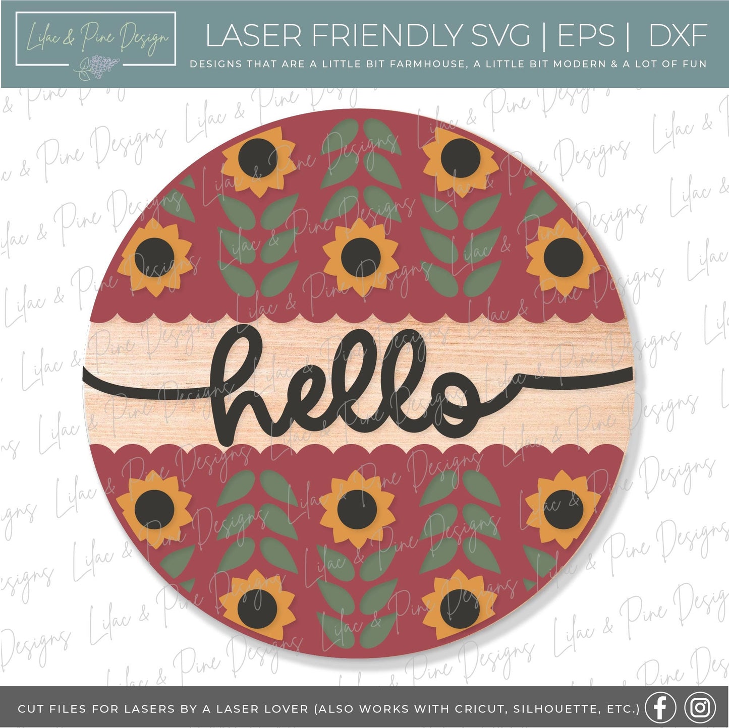 Hello Sunflower door hanger SVG, Sunflower welcome sign SVG, Sunflower round wood sign, fall porch decor, folk art svg, Glowforge laser SVG