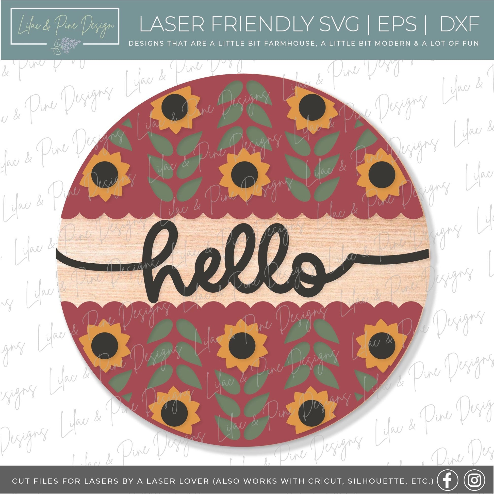 Hello Sunflower door hanger SVG, Sunflower welcome sign SVG, Sunflower round wood sign, fall porch decor, folk art svg, Glowforge laser SVG