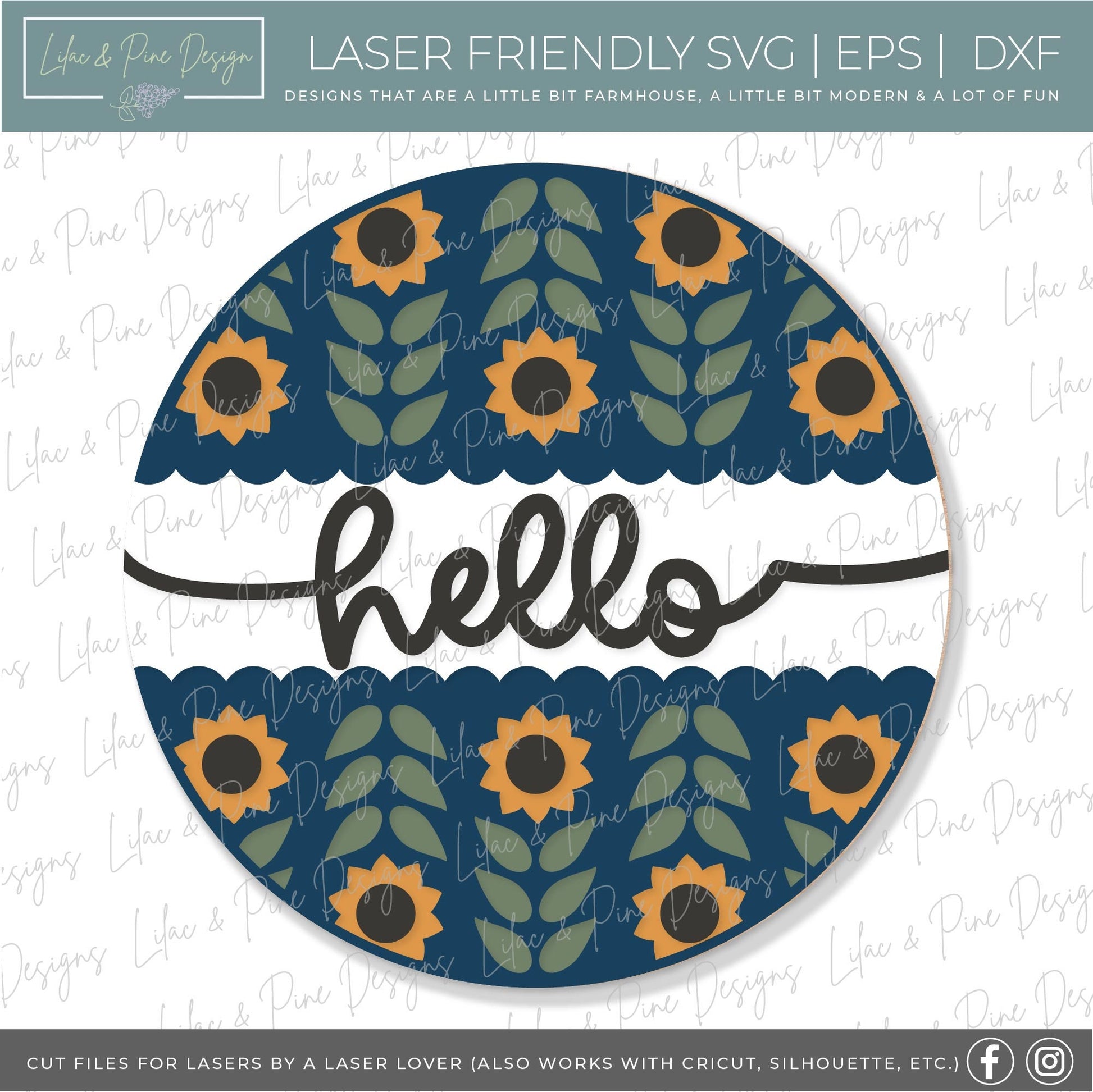 Hello Sunflower door hanger SVG, Sunflower welcome sign SVG, Sunflower round wood sign, fall porch decor, folk art svg, Glowforge laser SVG
