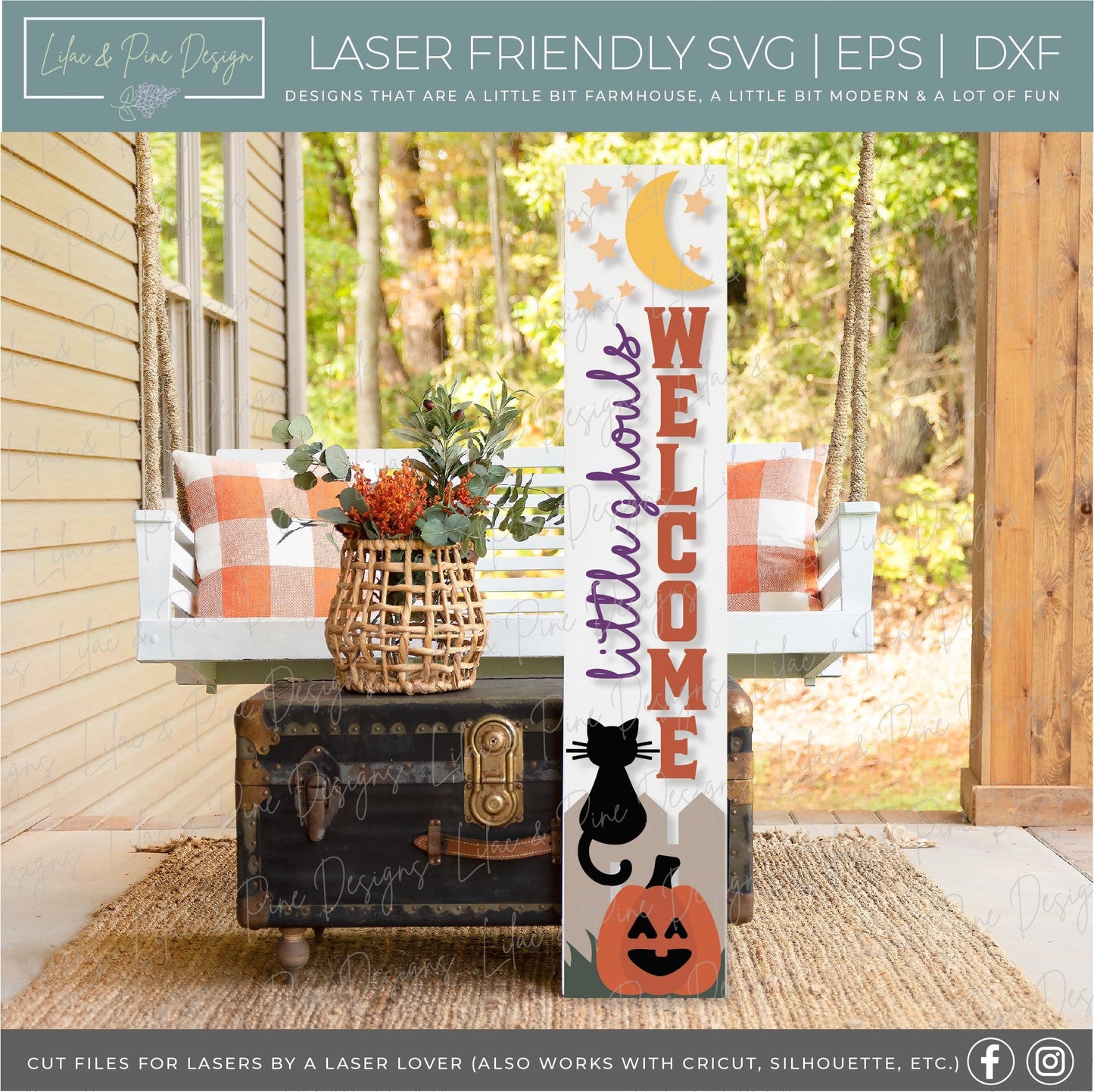 Halloween night porch sign SVG, Little Ghouls porch sign SVG, Black cat and pumpkin welcome sign SVG, vertical sign svg, Glowforge laser Svg