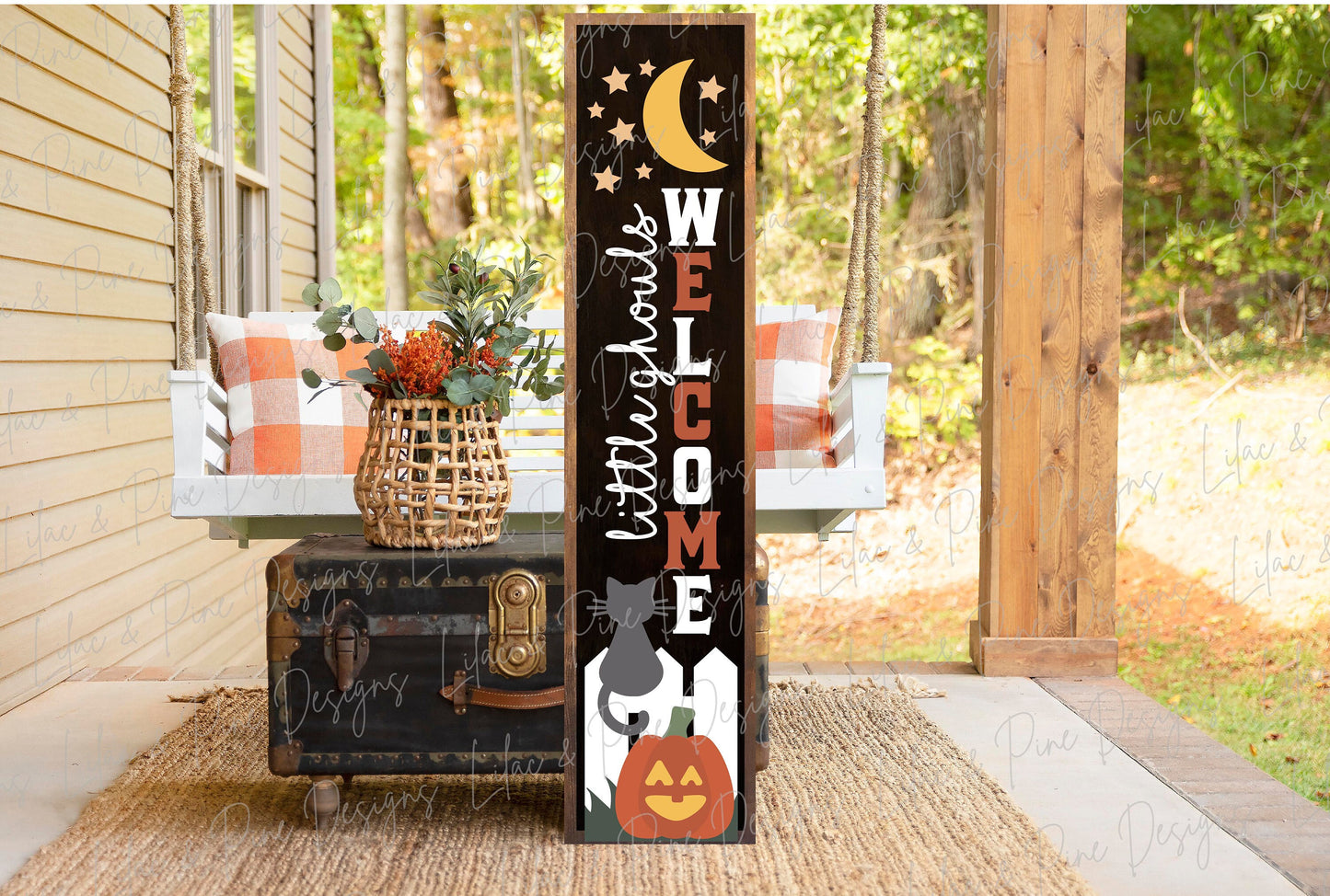 Halloween night porch sign SVG, Little Ghouls porch sign SVG, Black cat and pumpkin welcome sign SVG, vertical sign svg, Glowforge laser Svg