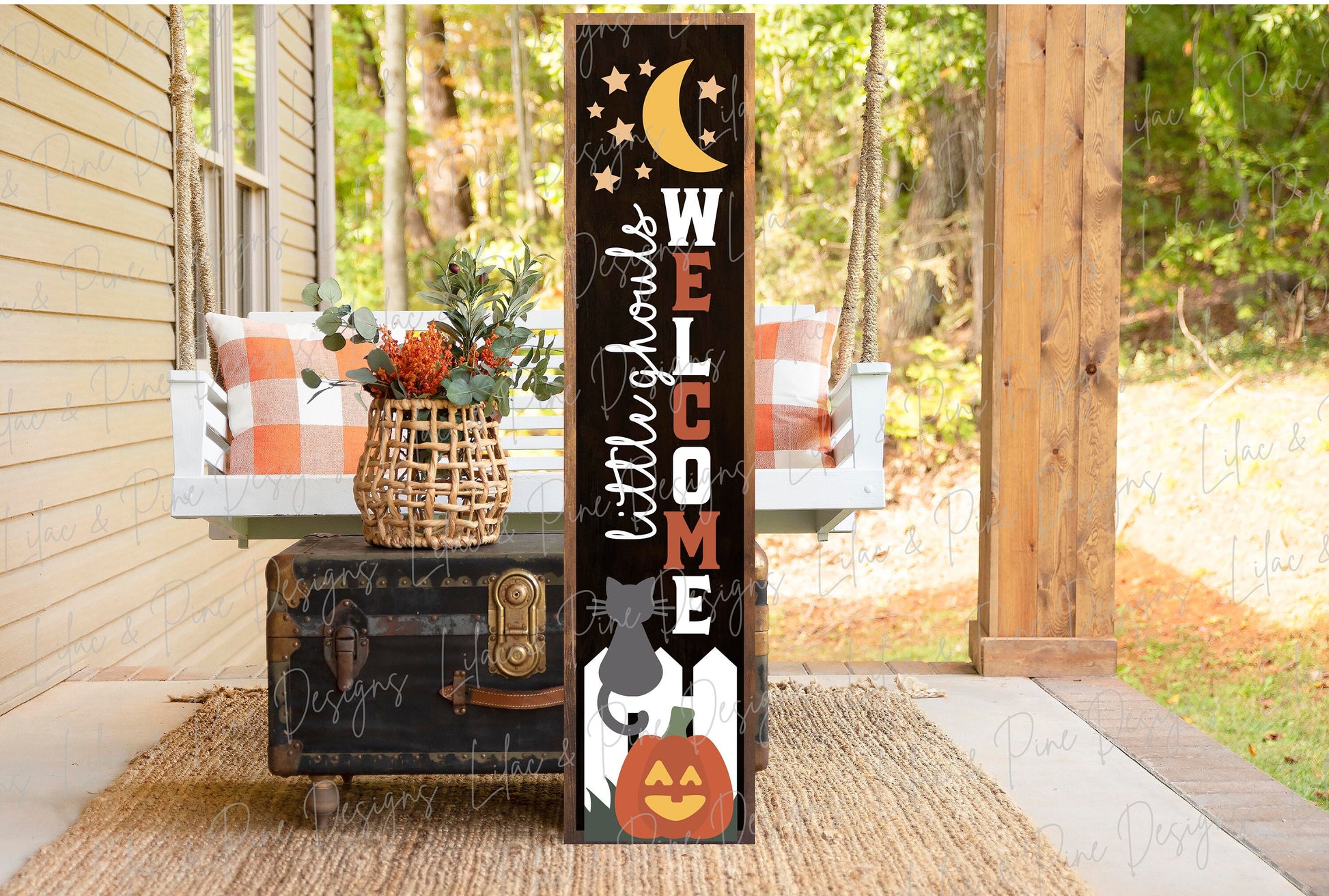 Halloween night porch sign SVG, Little Ghouls porch sign SVG, Black cat and pumpkin welcome sign SVG, vertical sign svg, Glowforge laser Svg