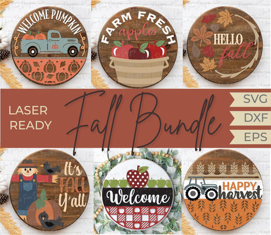 Fall welcome sign bundle, fall door hanger bundle SVG, apple SVG, scarecrow svg, tractor svg, truck svg, fall decor svg, Glowforge laser SVG