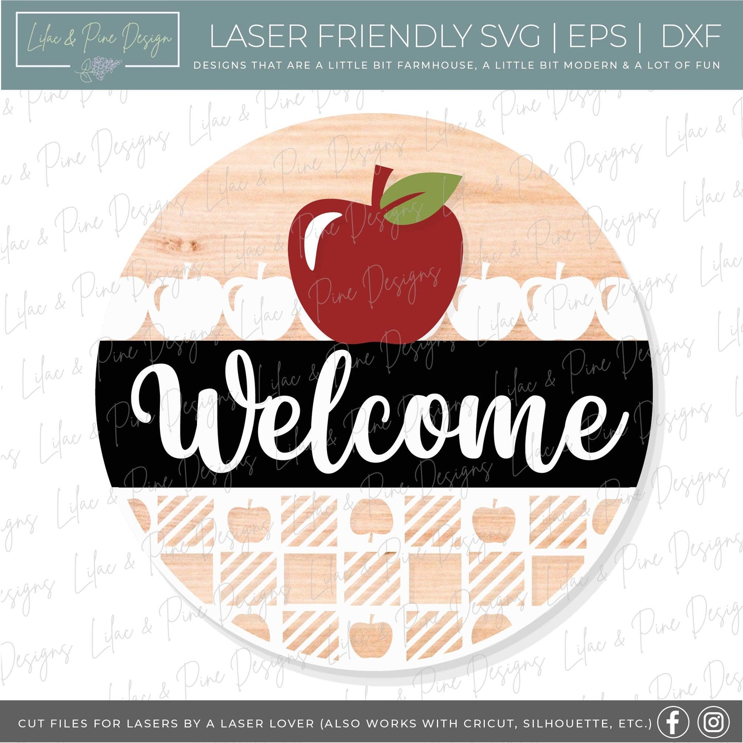 Apple Welcome door hanger SVG, Fall welcome sign SVG, Plaid round door hanger, Fall porch decor, School round wood sign, Glowforge laser SVG