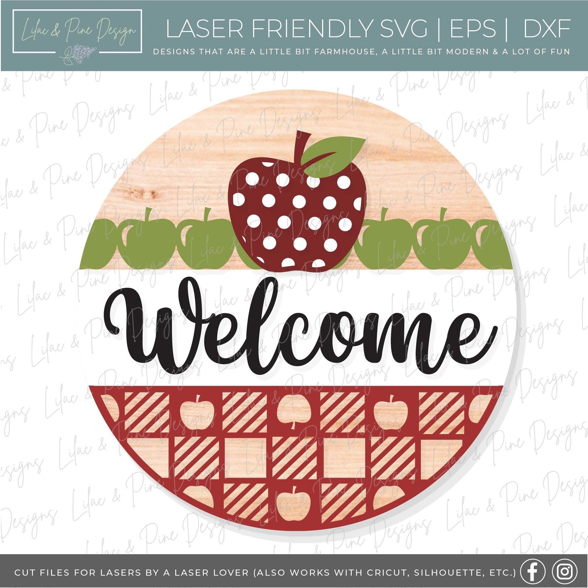 Apple Welcome door hanger SVG, Fall welcome sign SVG, Plaid round door hanger, Fall porch decor, School round wood sign, Glowforge laser SVG