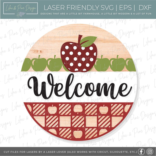 Apple Welcome door hanger SVG, Fall welcome sign SVG, Plaid round door hanger, Fall porch decor, School round wood sign, Glowforge laser SVG