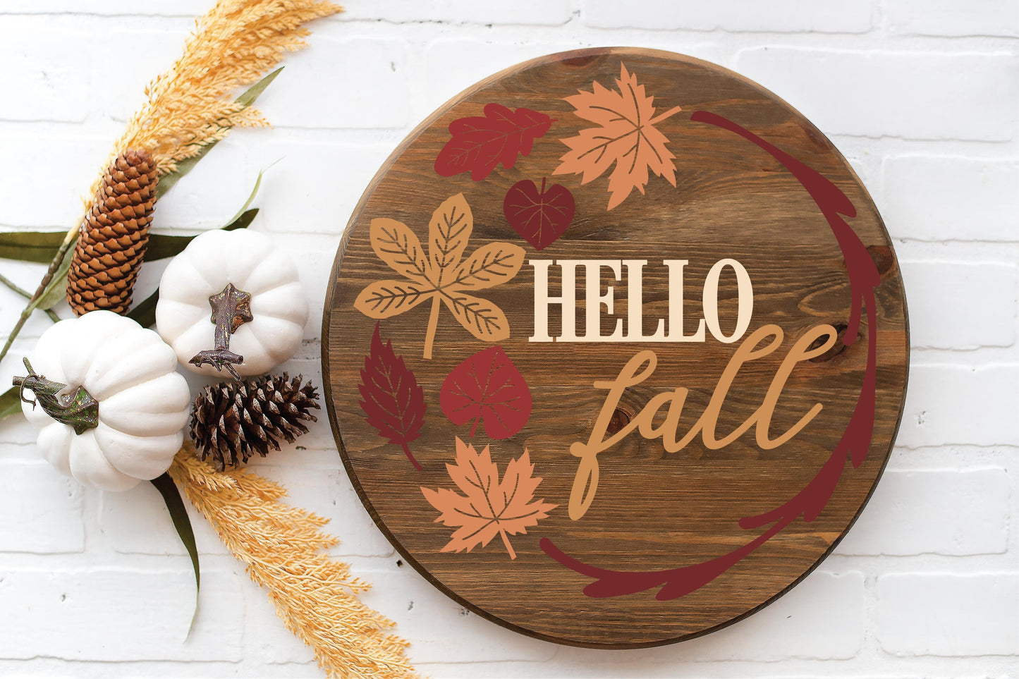Hello Fall door hanger SVG, Fall welcome sign SVG, fall leaves round door hanger, Fall porch decor, Fall round sign svg, Glowforge laser SVG