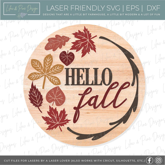 Hello Fall door hanger SVG, Fall welcome sign SVG, fall leaves round door hanger, Fall porch decor, Fall round sign svg, Glowforge laser SVG