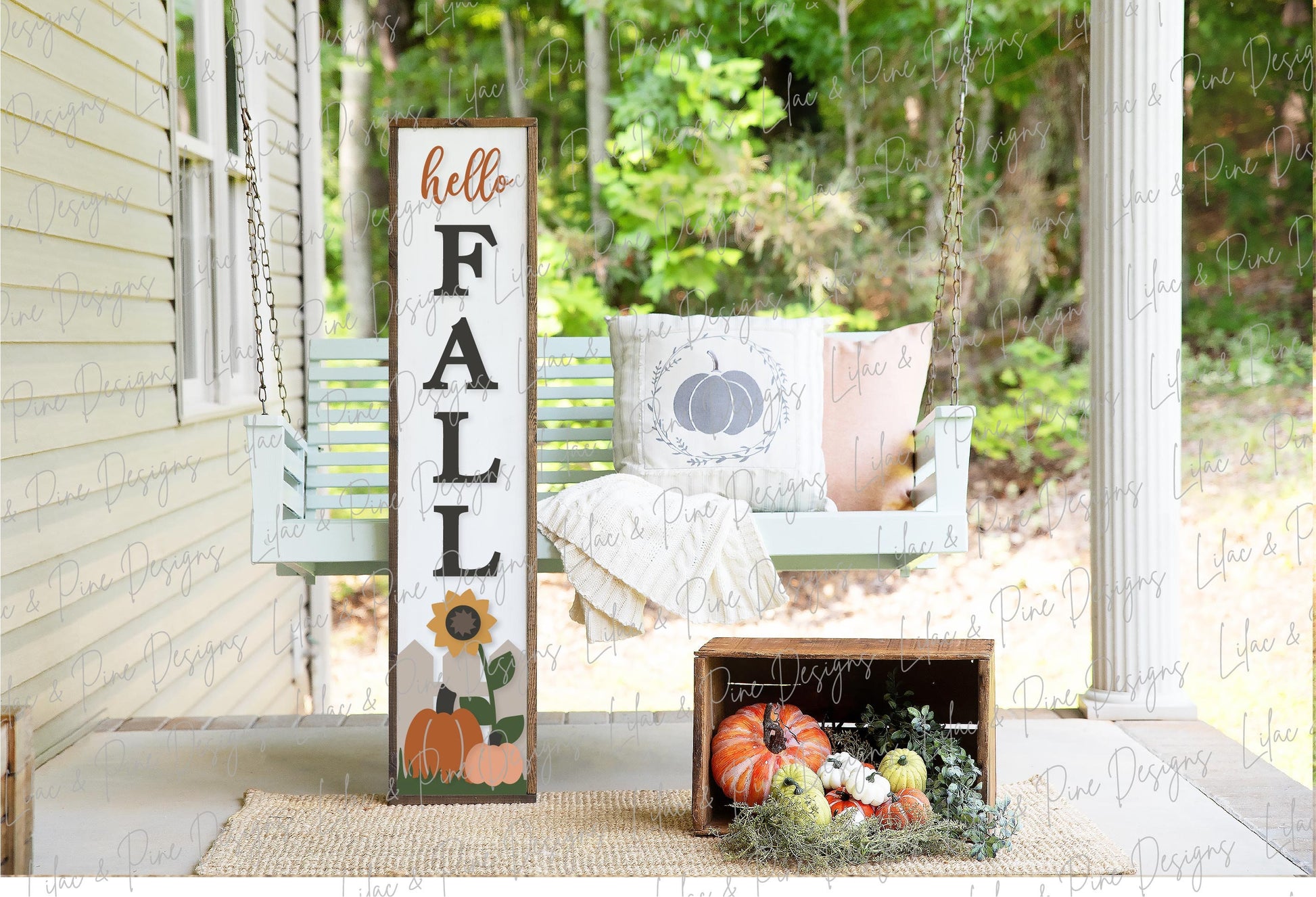 Hello Fall porch sign SVG, Pumpkin welcome sign SVG, Sunflower and pumpkin porch sign, porch decor, vertical sign svg, Glowforge laser SVG