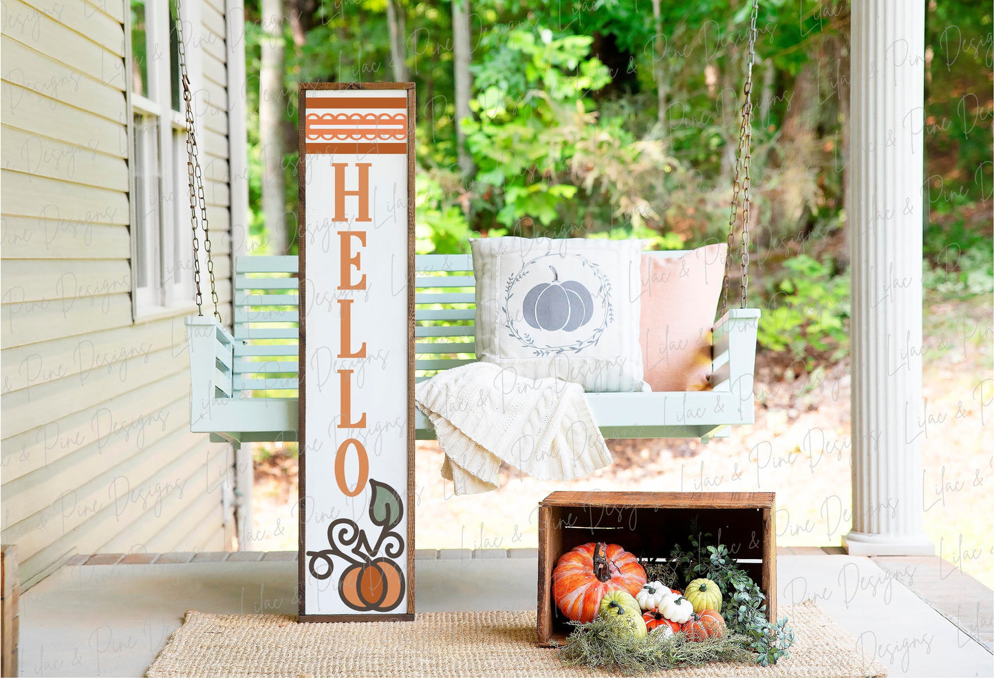 Hello Fall porch sign SVG, Pumpkin welcome sign SVG, pumpkin porch sign svg, porch decor, vertical sign svg, Glowforge SVG, laser cut file