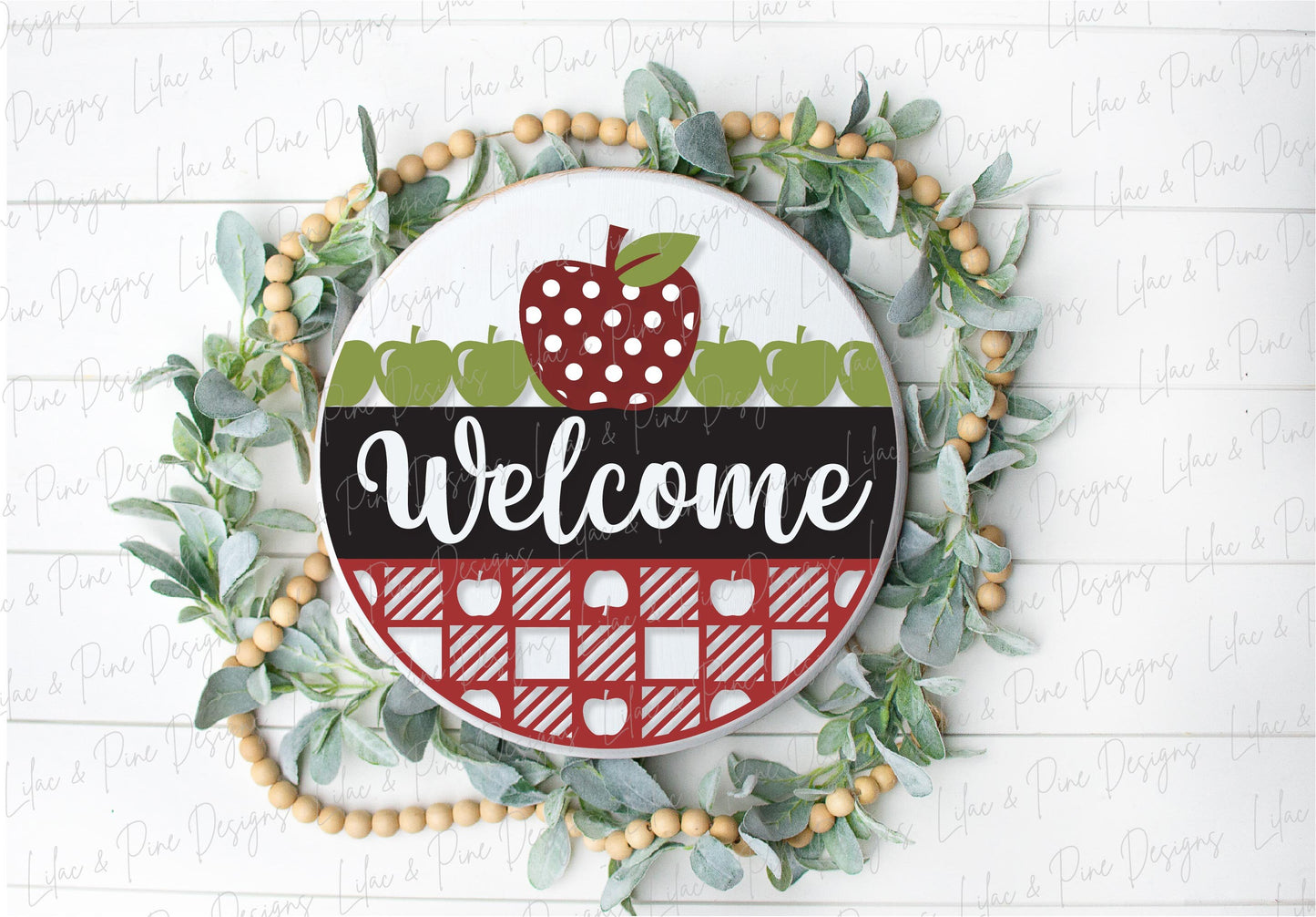 Apple Welcome door hanger SVG, Fall welcome sign SVG, Plaid round door hanger, Fall porch decor, School round wood sign, Glowforge laser SVG