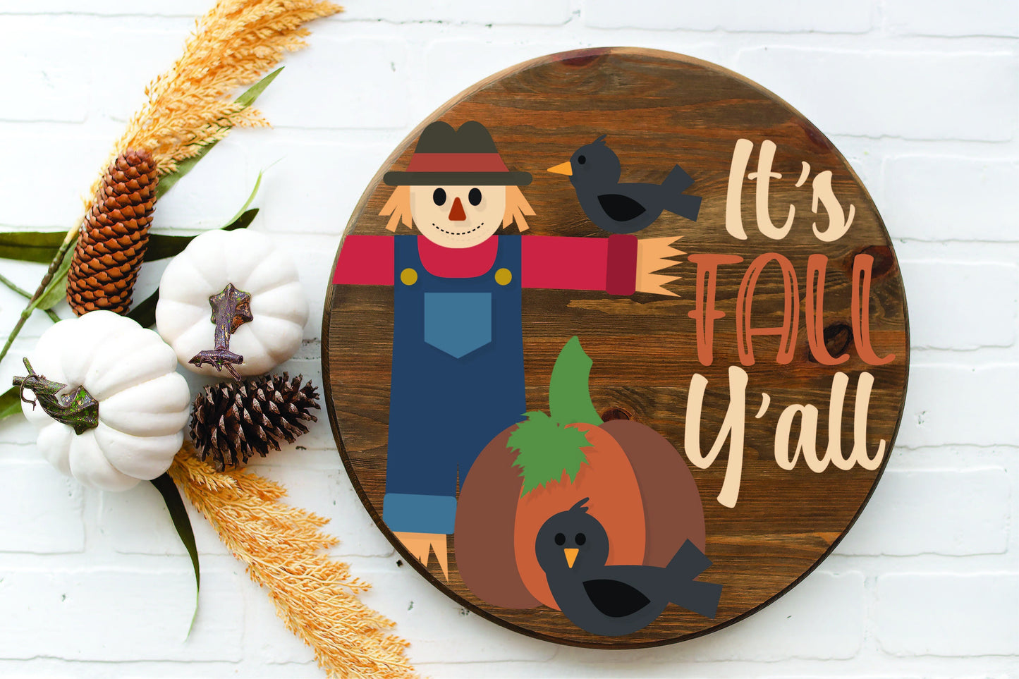 It's Fall Y'all door hanger SVG, Fall welcome sign SVG, Scarecrow round door hanger, Fall porch decor, farmhouse svg, Glowforge laser SVG