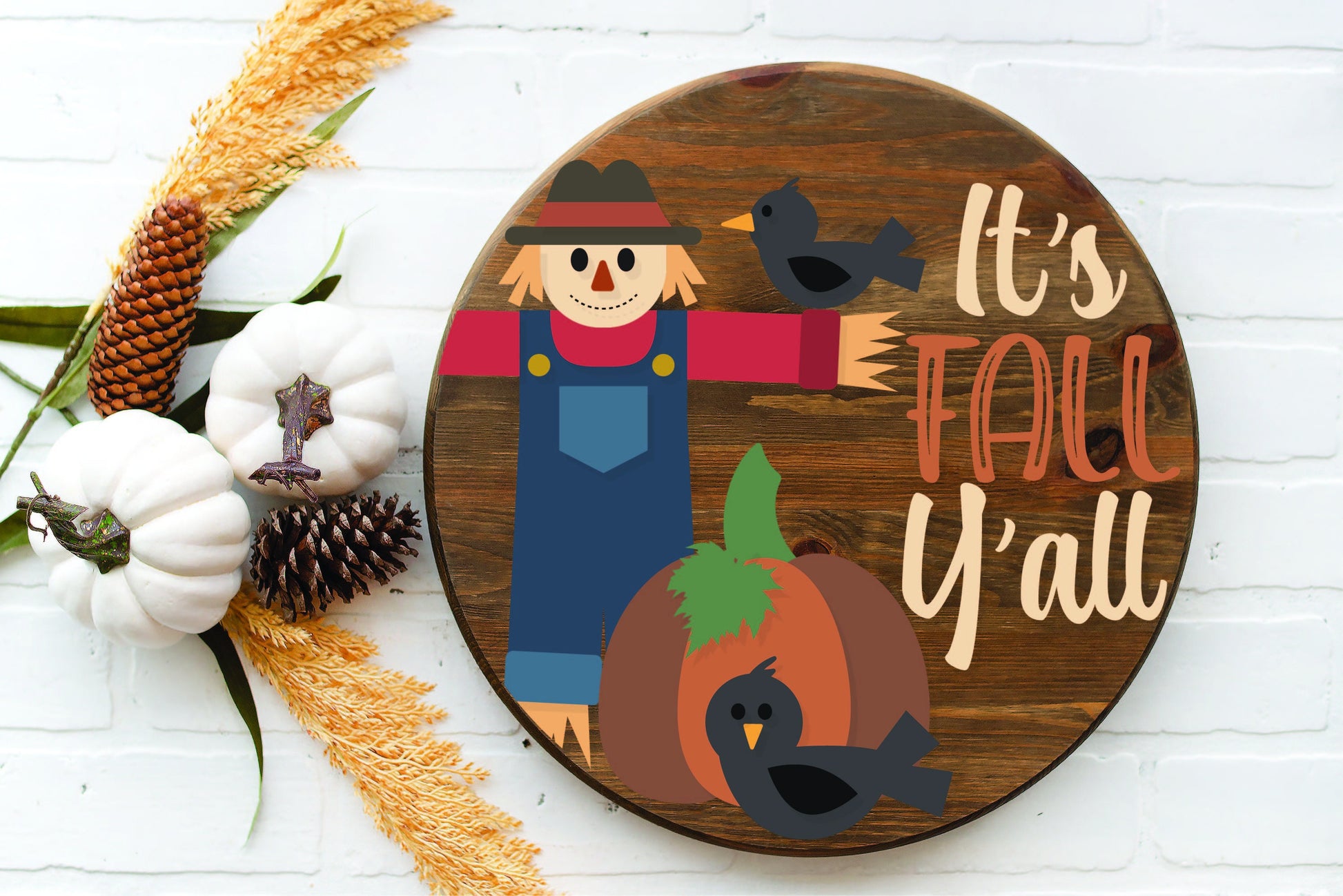 It's Fall Y'all door hanger SVG, Fall welcome sign SVG, Scarecrow round door hanger, Fall porch decor, farmhouse svg, Glowforge laser SVG
