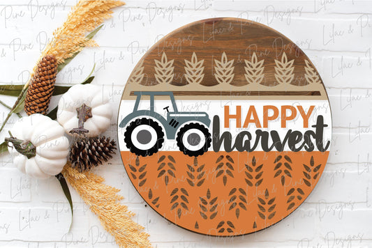 Happy Harvest door hanger SVG, Fall welcome sign SVG, Tractor round door hanger, Fall porch decor, Fall farmhouse sign, Glowforge laser SVG