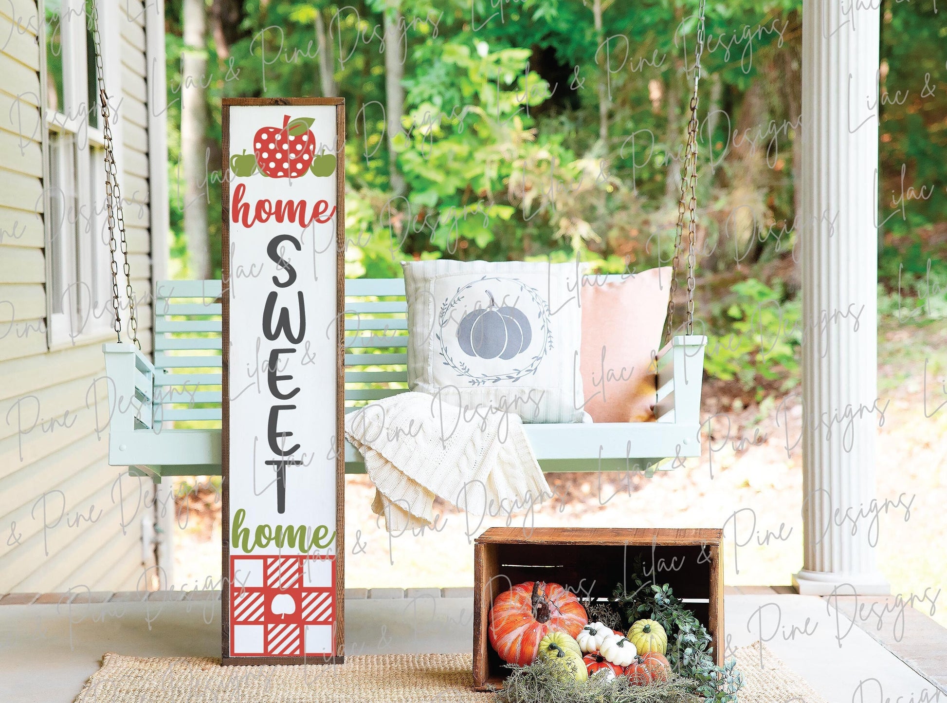 Home Sweet Home porch sign SVG, Apple welcome sign SVG, Apple plaid porch leaner, fall porch decor, vertical sign svg, Glowforge laser SVG