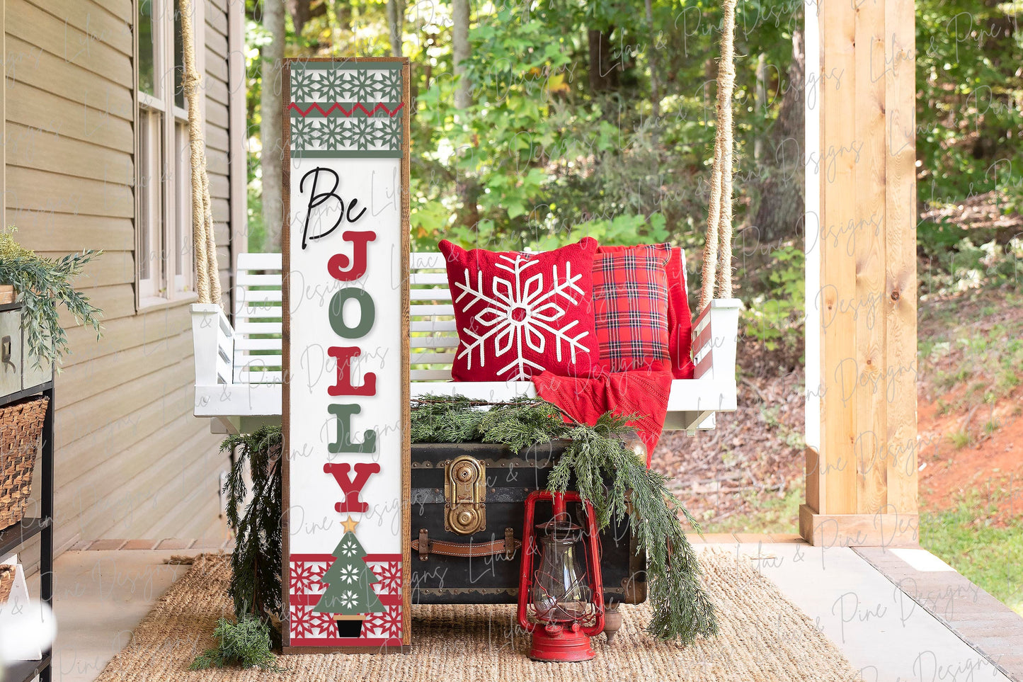 Be Jolly porch sign SVG, Christmas porch sign, Nordic Christmas tree welcome sign svg, vertical porch sign, Glowforge SVG, laser cut file