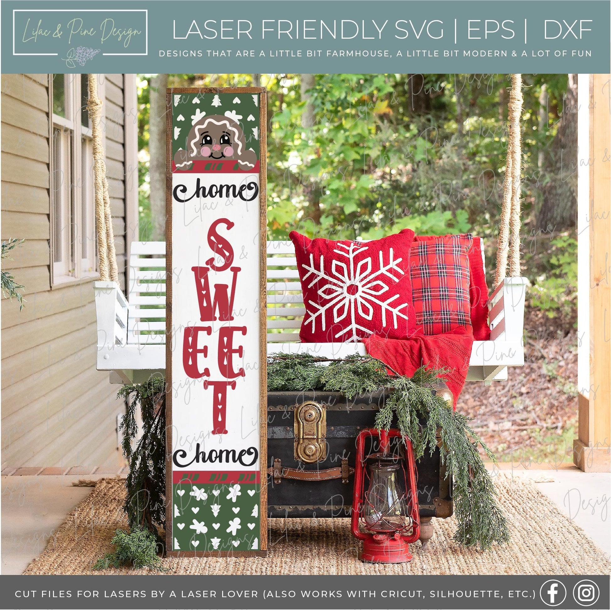Home Sweet Home sign SVG, Christmas porch sign, Gingerbread man welcome sign svg, holiday vertical porch sign, Glowforge SVG, laser cut file