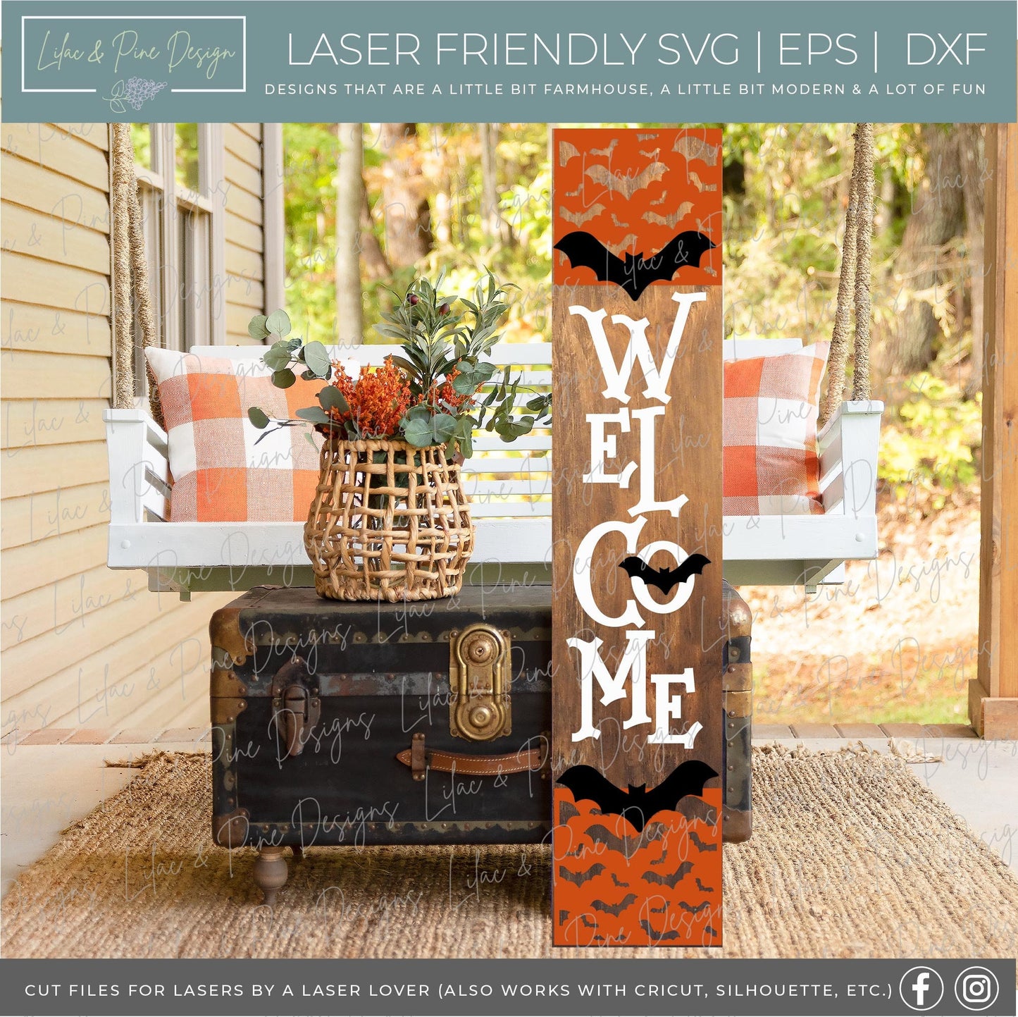 Halloween porch sign SVG, Halloween welcome sign SVG, Bats welcome sign SVG, Halloween porch decor, vertical sign svg, Glowforge laser Svg