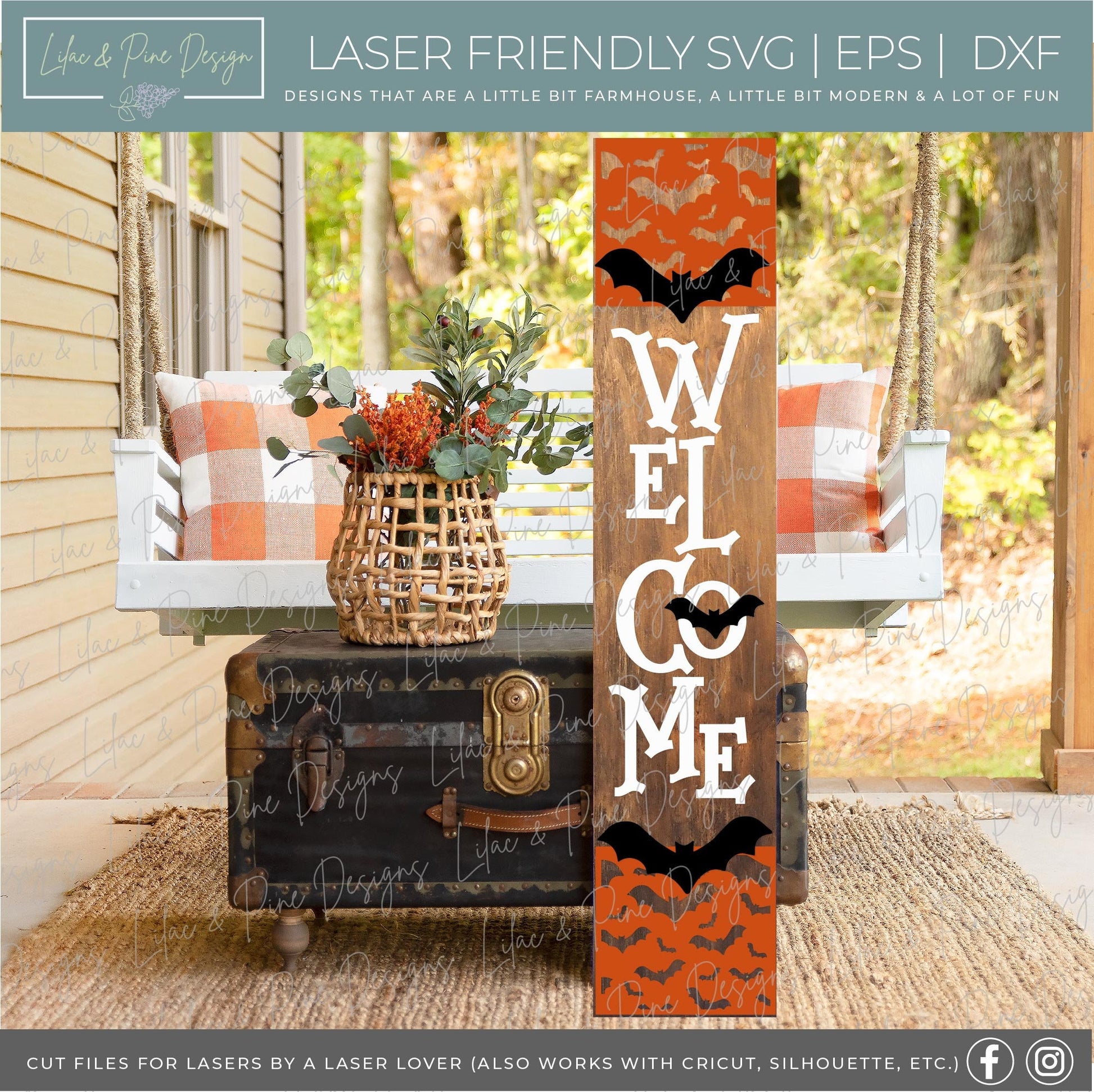 Halloween porch sign SVG, Halloween welcome sign SVG, Bats welcome sign SVG, Halloween porch decor, vertical sign svg, Glowforge laser Svg