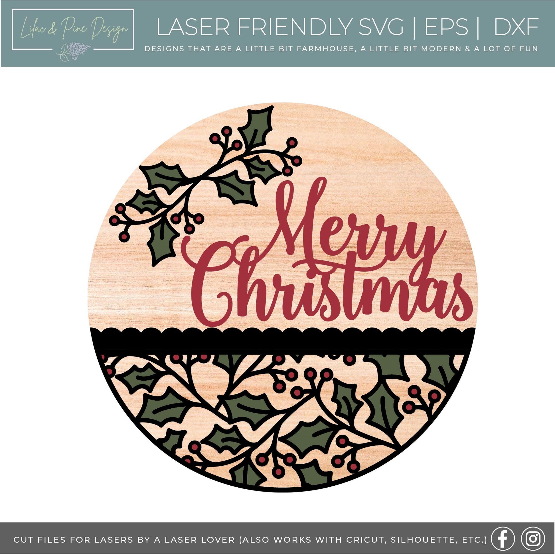 Merry Christmas sign SVG, Christmas welcome sign SVG, Christmas door hanger SVG, Holly pattern sign svg, Glowforge Svg, laser cut file