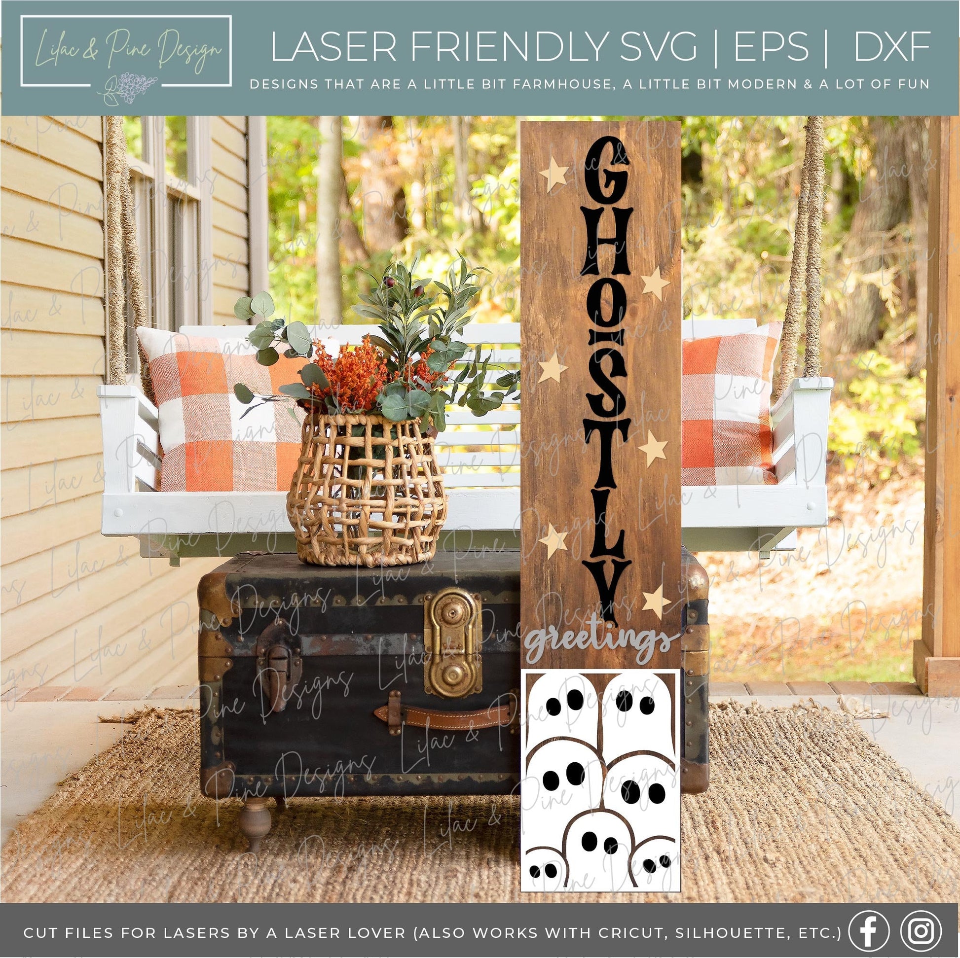Ghostly Greetings sign, Halloween porch sign SVG, Halloween vertical welcome sign, Ghost welcome sign SVG, Glowforge Svg, laser cut file