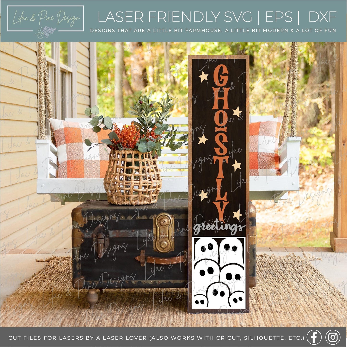 Ghostly Greetings sign, Halloween porch sign SVG, Halloween vertical welcome sign, Ghost welcome sign SVG, Glowforge Svg, laser cut file