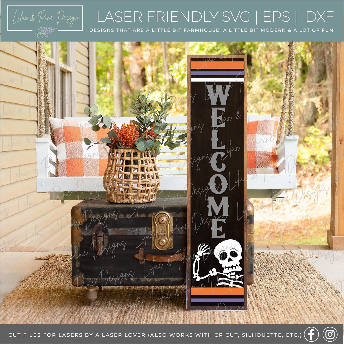 Halloween welcome sign SVG, Skeleton porch sign SVG, Skeleton vertical welcome sign, Halloween porch decor, Glowforge Svg, laser cut file