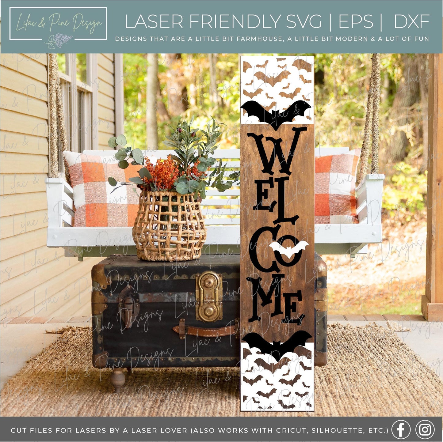 Halloween porch sign SVG, Halloween welcome sign SVG, Bats welcome sign SVG, Halloween porch decor, vertical sign svg, Glowforge laser Svg