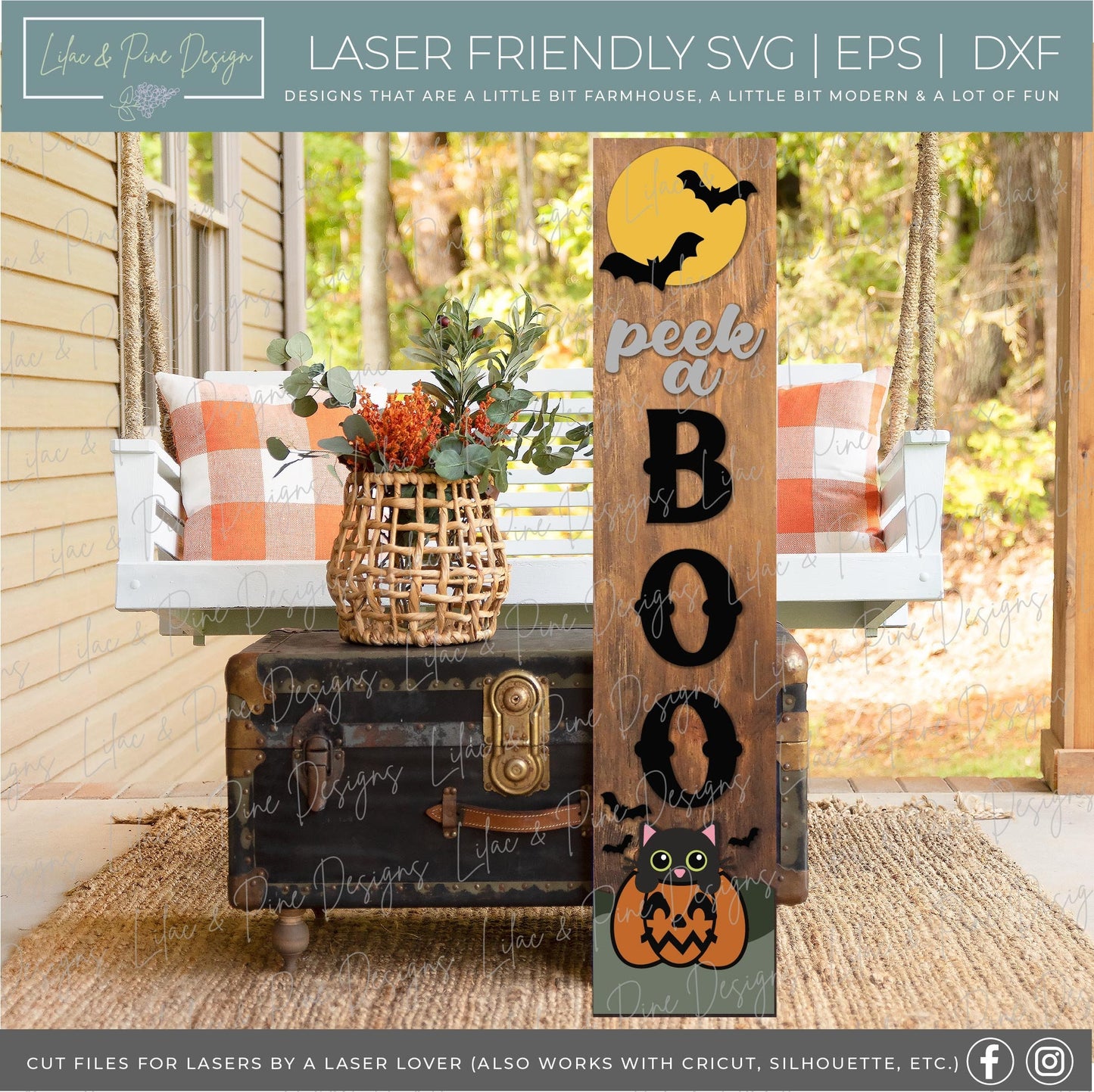 Halloween welcome sign SVG, Black Cat porch sign SVG, Boo vertical welcome sign SVG, Halloween porch decor, Glowforge Svg, laser cut file