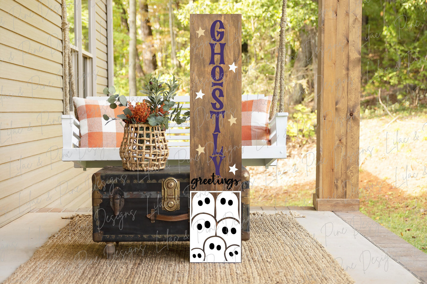 Ghostly Greetings sign, Halloween porch sign SVG, Halloween vertical welcome sign, Ghost welcome sign SVG, Glowforge Svg, laser cut file