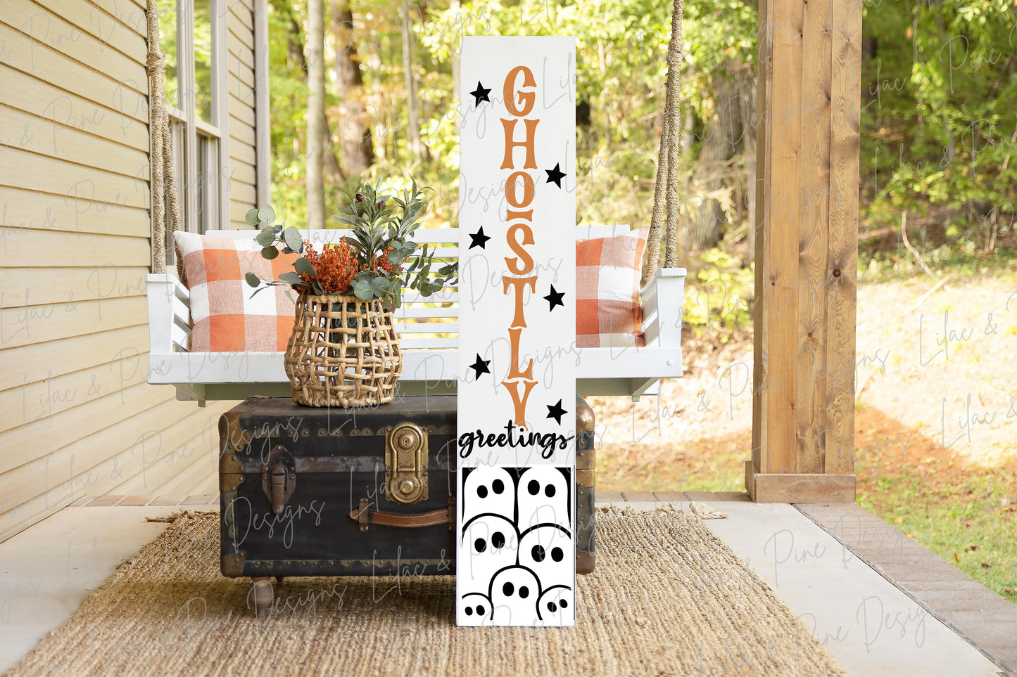 Ghostly Greetings sign, Halloween porch sign SVG, Halloween vertical welcome sign, Ghost welcome sign SVG, Glowforge Svg, laser cut file