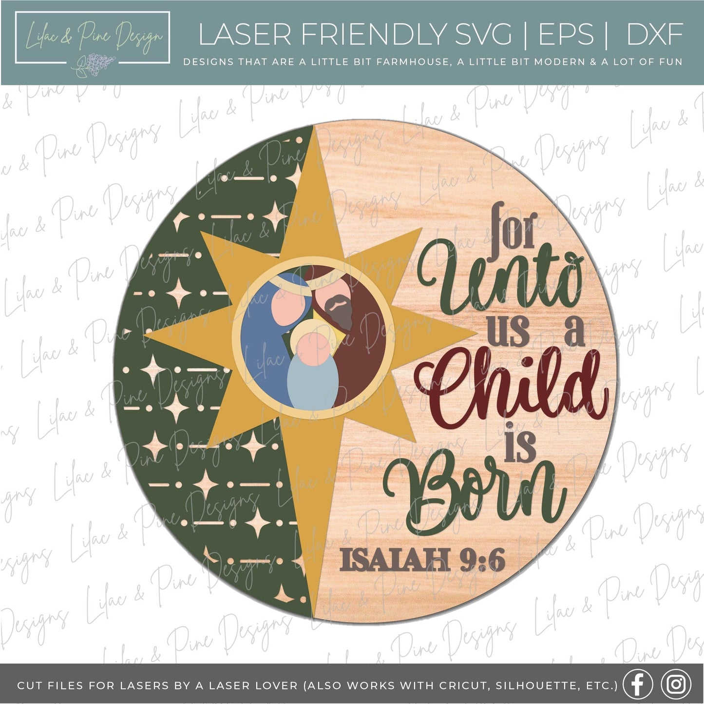 Unto us a Child is Born SVG, Christmas welcome sign SVG, Christmas door hanger SVG, Religious Christmas sign, Glowforge Svg, laser cut file