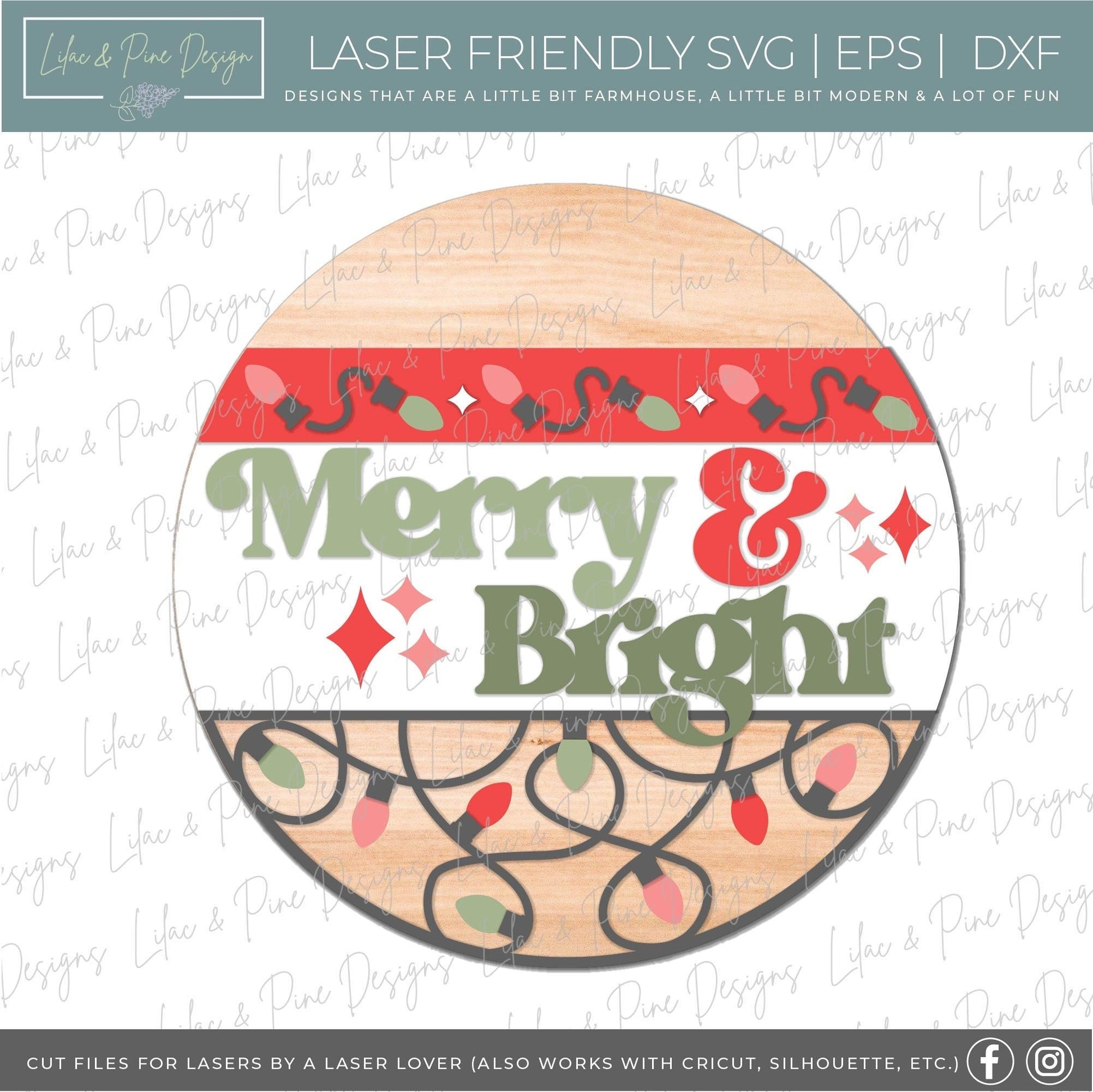 Merry and Bright sign SVG, Vintage Christmas door hanger, Christmas lights SVG, Christmas welcome sign SVG, Glowforge Svg, laser cut file
