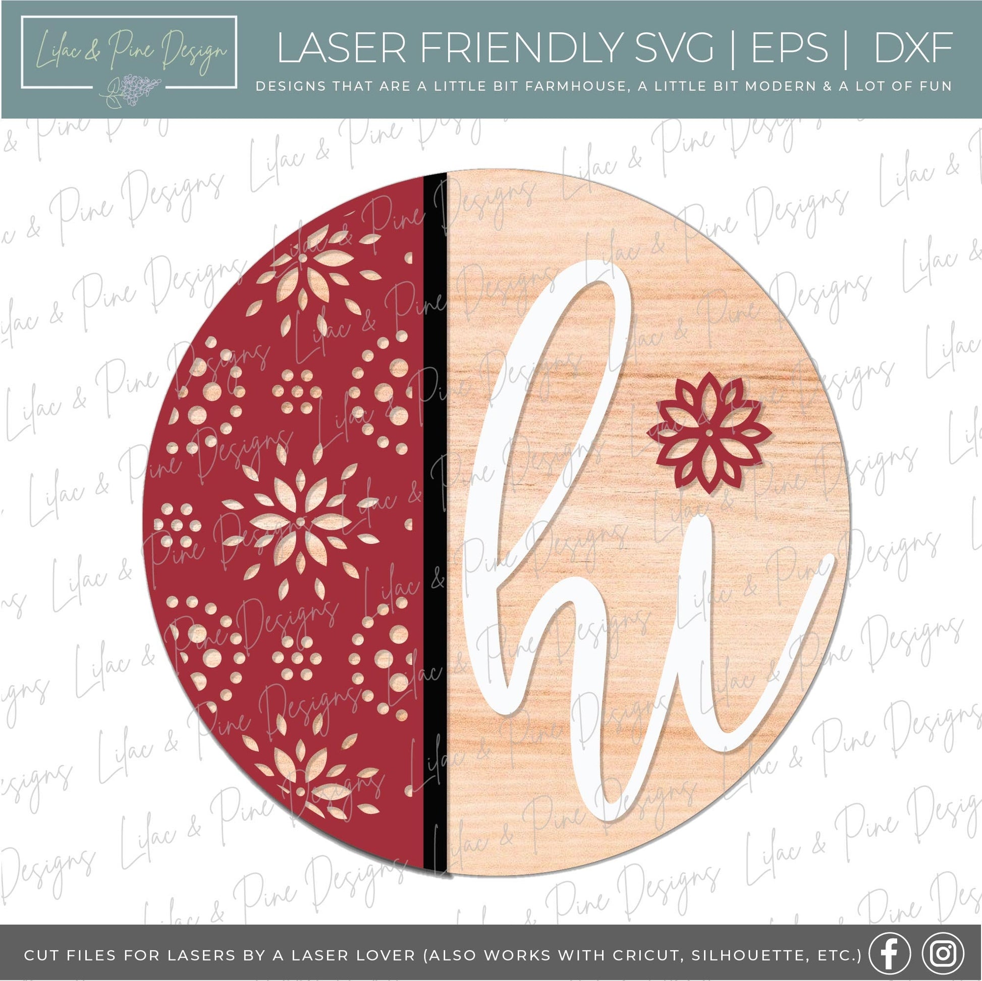 hi door sign SVG, Floral door hanger, Welcome sign SVG, floral pattern welcome sign SVG, porch sign svg, Glowforge svg file, laser cut file