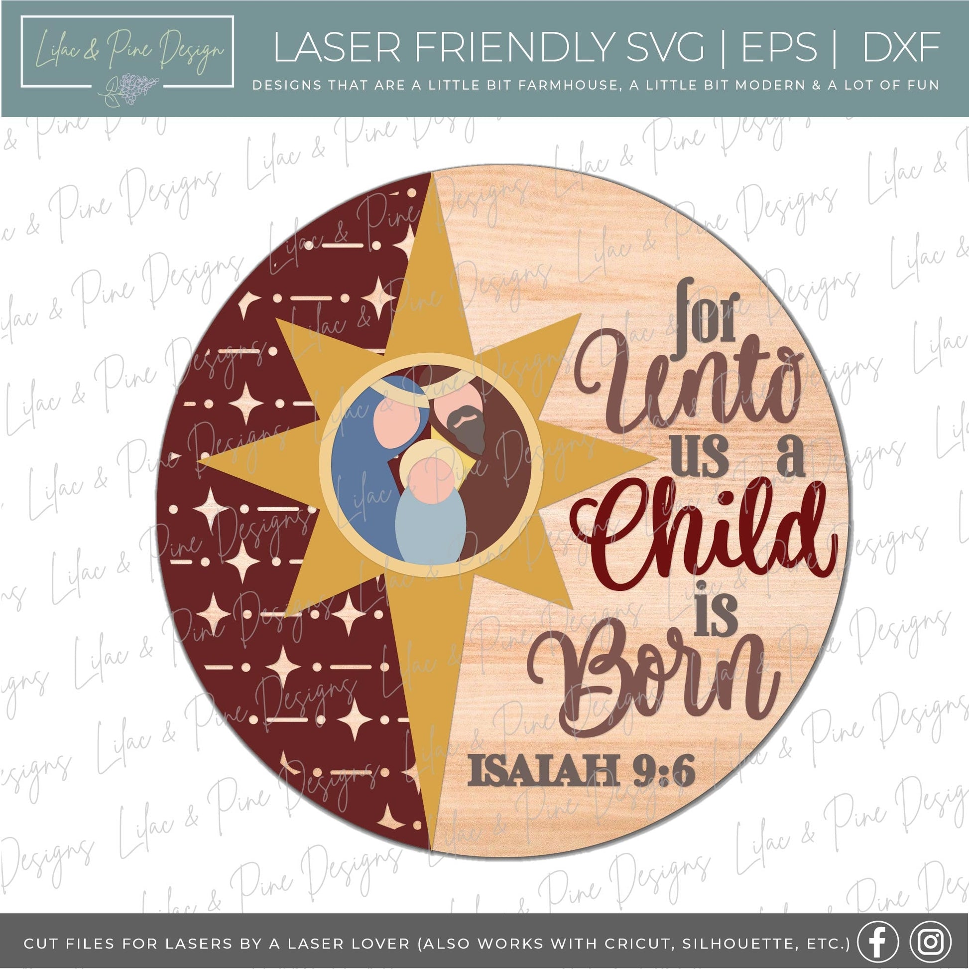 Unto us a Child is Born SVG, Christmas welcome sign SVG, Christmas door hanger SVG, Religious Christmas sign, Glowforge Svg, laser cut file