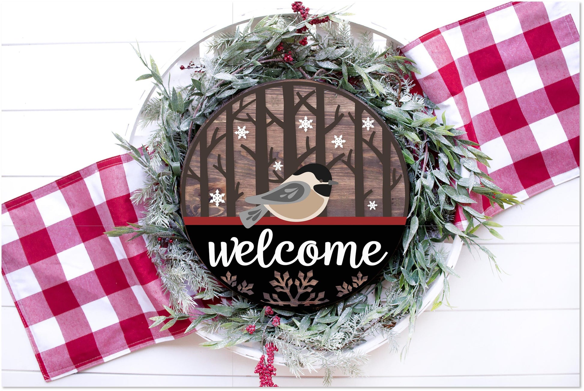 Chickadee Welcome SVG, Winter welcome sign SVG, Christmas door hanger SVG, Winter door hanger, snow bird svg, Glowforge Svg, laser cut file