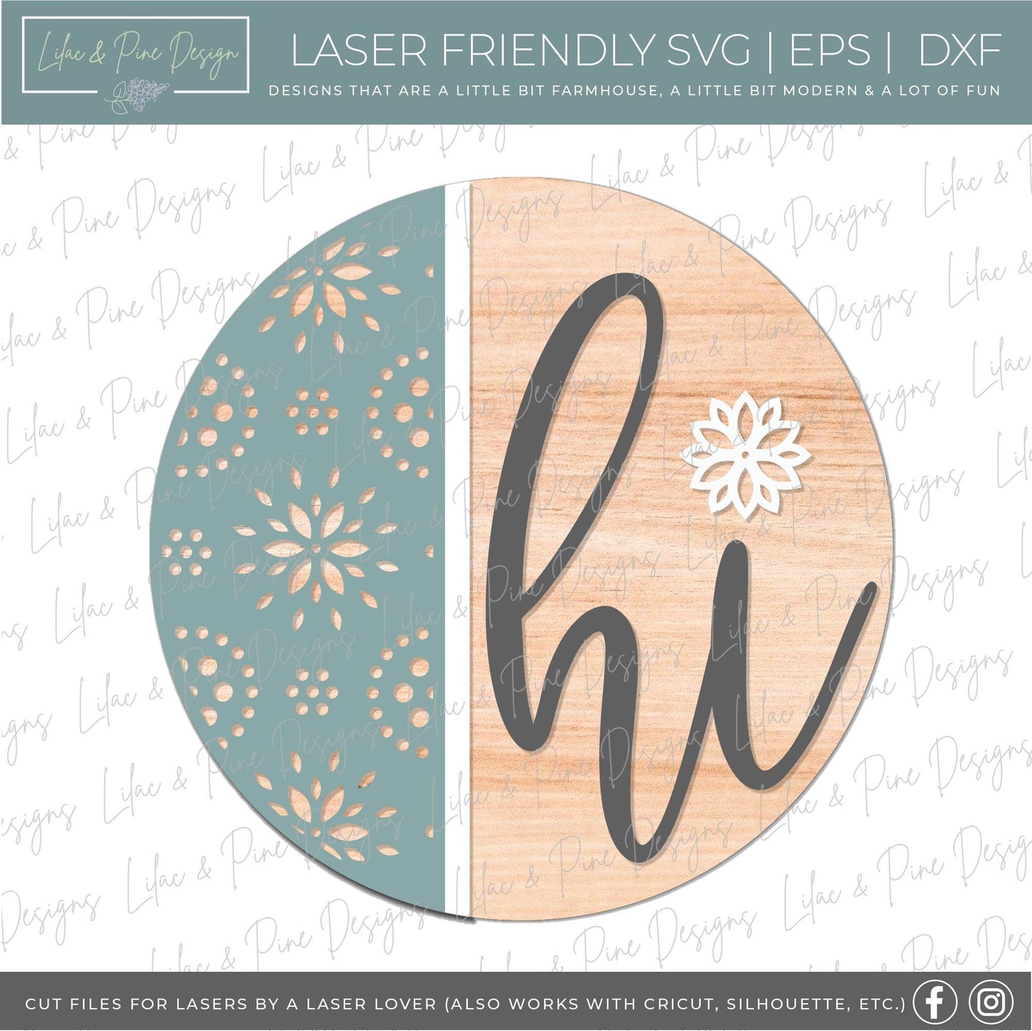hi door sign SVG, Floral door hanger, Welcome sign SVG, floral pattern welcome sign SVG, porch sign svg, Glowforge svg file, laser cut file