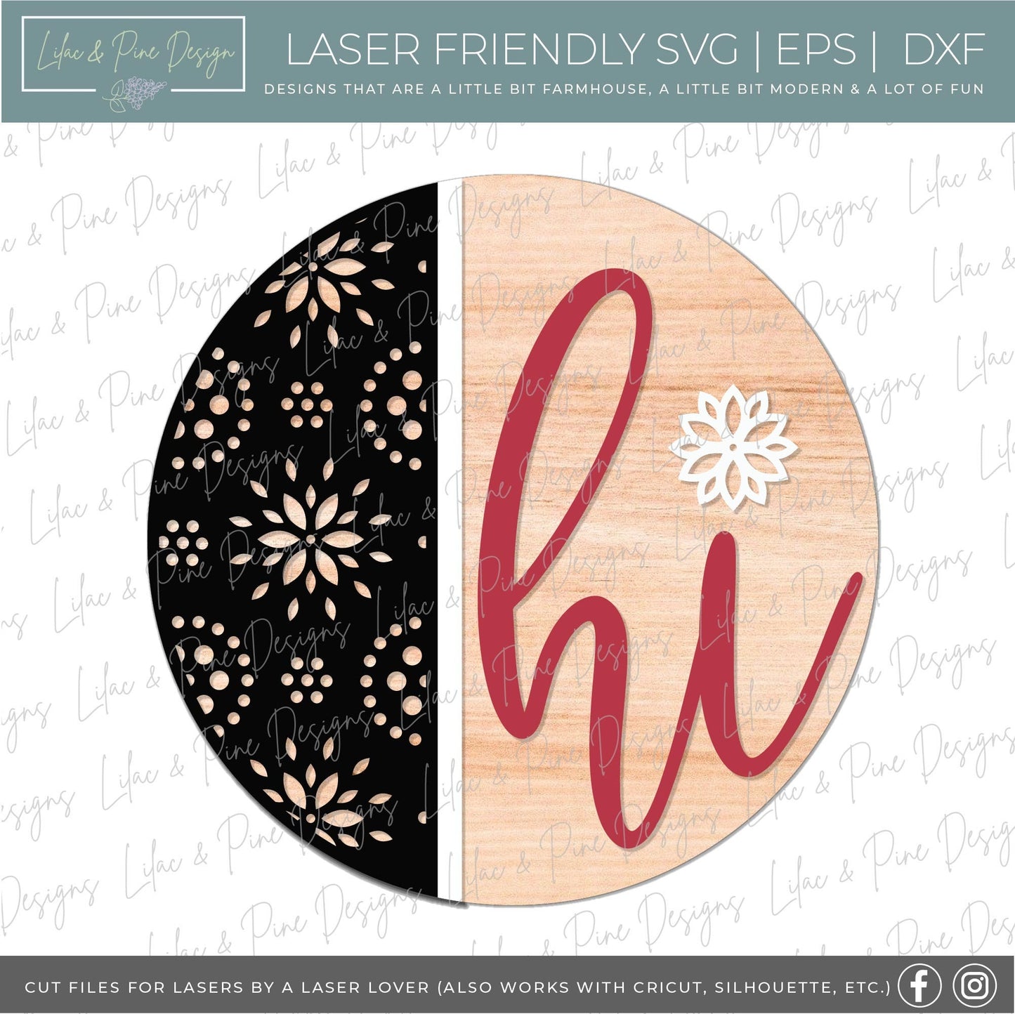 hi door sign SVG, Floral door hanger, Welcome sign SVG, floral pattern welcome sign SVG, porch sign svg, Glowforge svg file, laser cut file