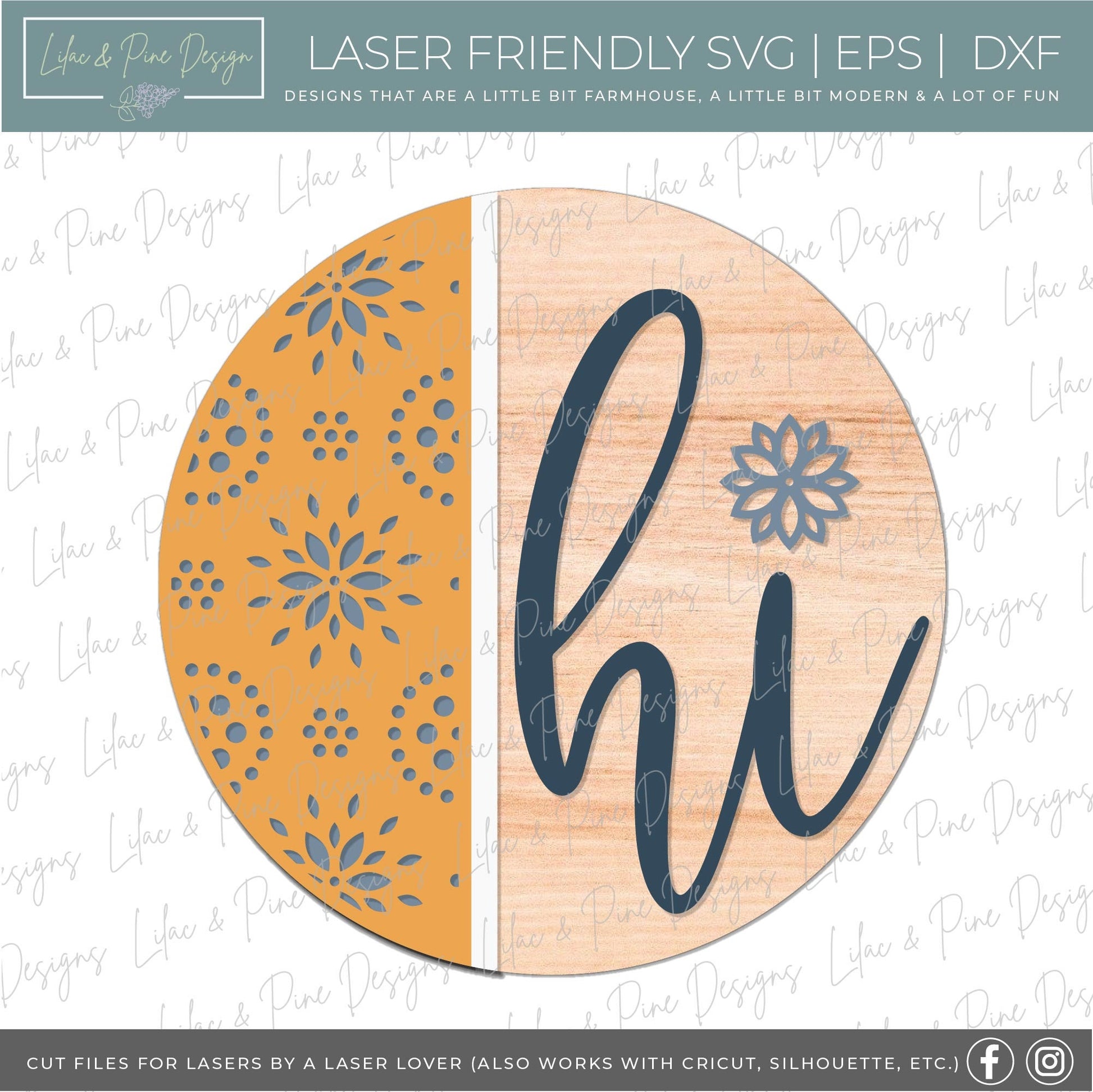 hi door sign SVG, Floral door hanger, Welcome sign SVG, floral pattern welcome sign SVG, porch sign svg, Glowforge svg file, laser cut file
