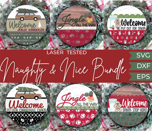 Christmas Door Hanger bundle SVG, Naughty Nice sign Bundle, Christmas Welcome Sign SVG, Snarky Christmas Sign, Glowforge Svg, laser cut file