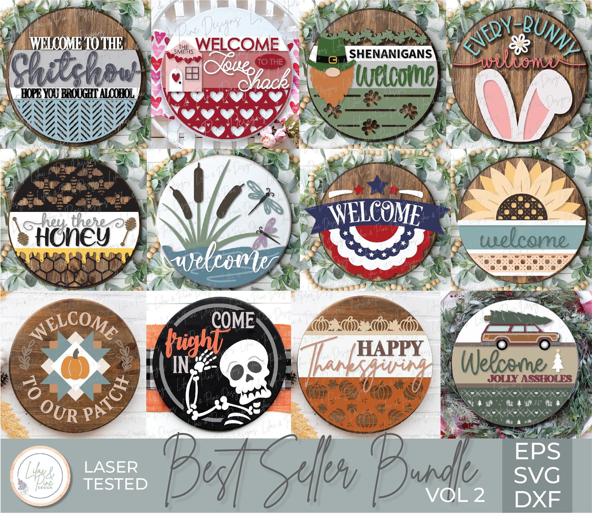 Best Seller laser sign bundle, Welcome sign SVG, Round Door hanger sign svg, porch decor, seasonal SVG bundle, Glowforge Svg, laser cut file