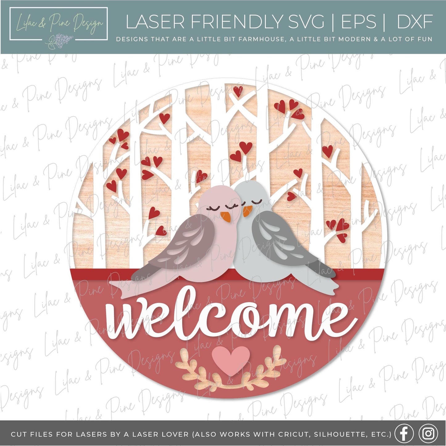 Love Birds Welcome sign SVG, Valentine door hanger, Valentines Welcome, door round SVG, Valentines Day decor, Glowforge SVG, laser cut file