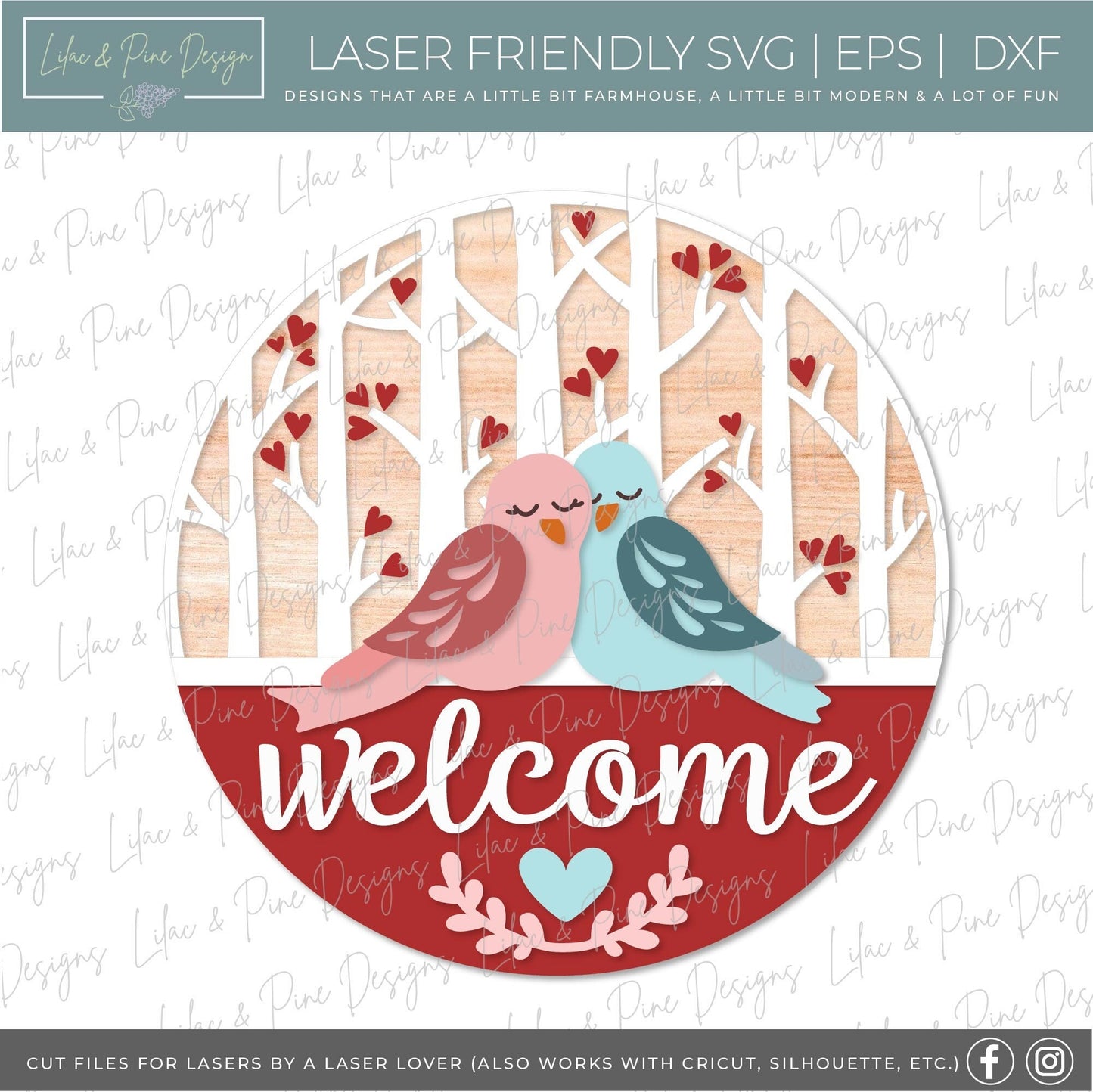 Love Birds Welcome sign SVG, Valentine door hanger, Valentines Welcome, door round SVG, Valentines Day decor, Glowforge SVG, laser cut file