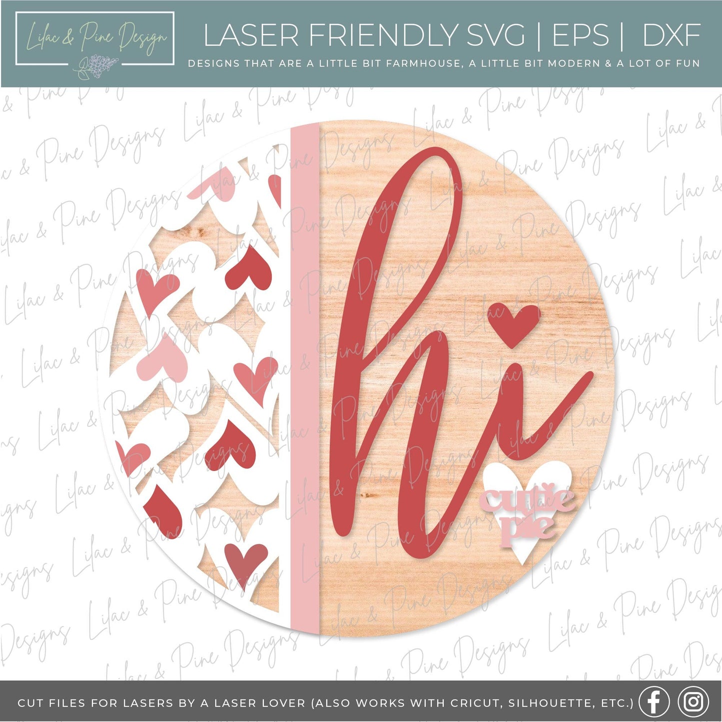 Hi Cutie Pie sign SVG, Valentine door hanger, Valentines Welcome, door round SVG, Valentines Day decor, Glowforge SVG, laser cut file