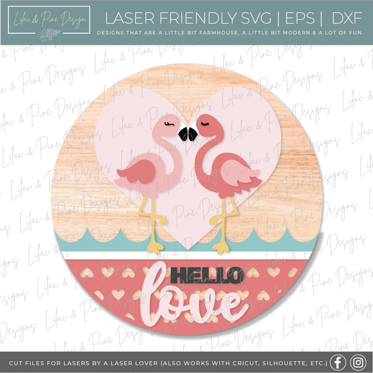 Flamingo door hanger SVG, Valentine round sign, Hello Love Welcome sign, Valentine's Day decor svg, Glowforge SVG, laser cut file