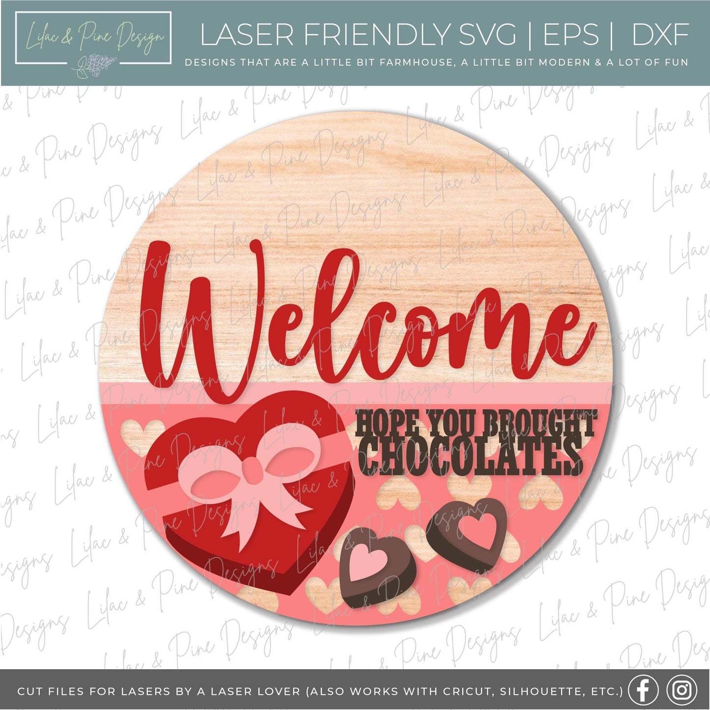 Valentine Chocolates Welcome sign SVG, Valentine's Day round door hanger svg, Valentines Day porch decor, Glowforge SVG, laser cut file