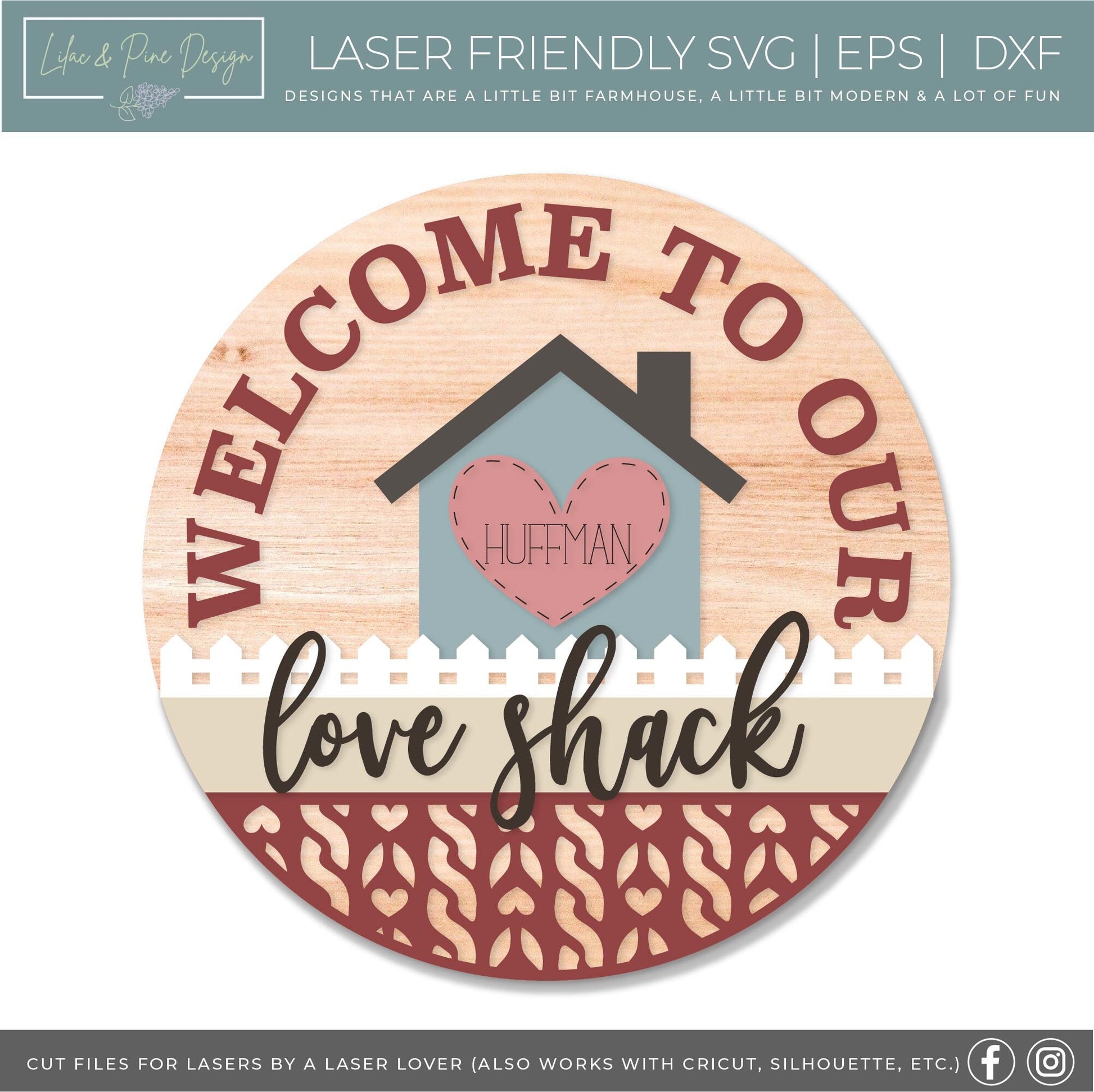 Valentine Welcome sign SVG, Love Shack door hanger, Personalized round sign SVG, Valentines Day decor, Glowforge SVG, laser cut file
